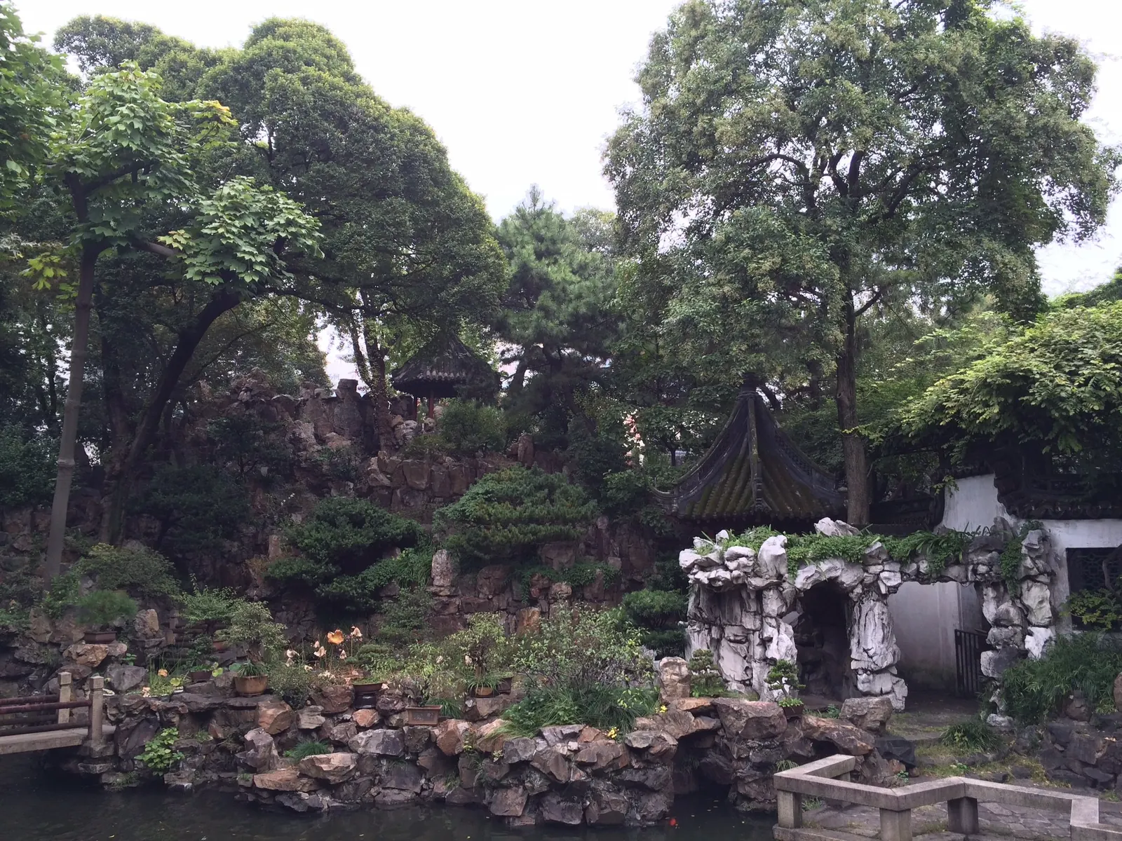 Een weelderige Chinese tuin met oude bomen, rotsen en een paviljoen