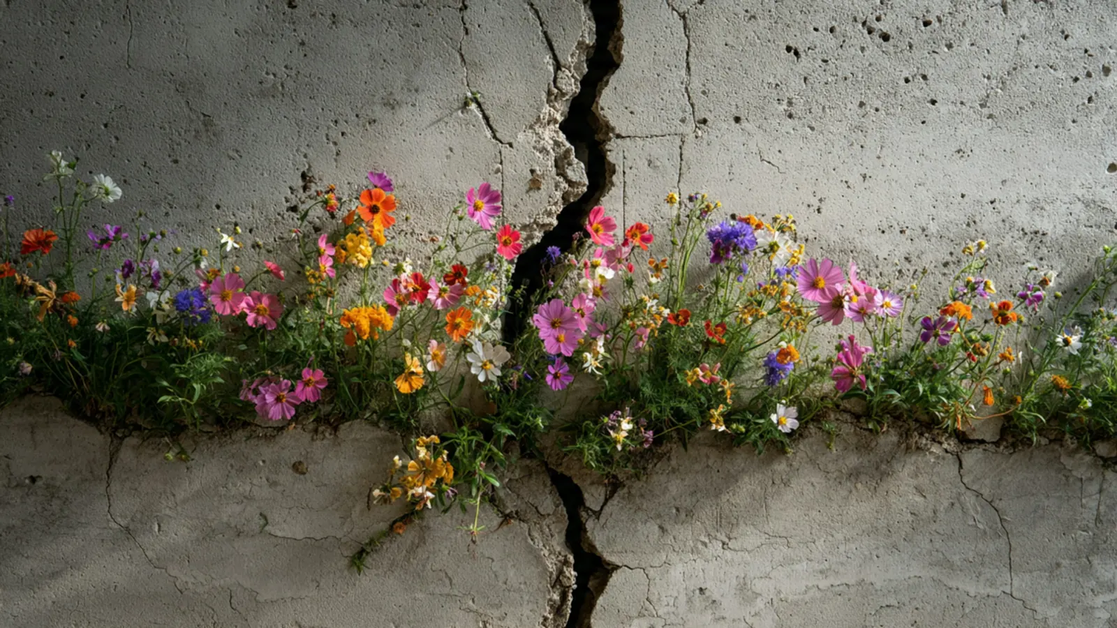Kleurrijke wilde bloemen groeien uit een scheur in een betonnen muur