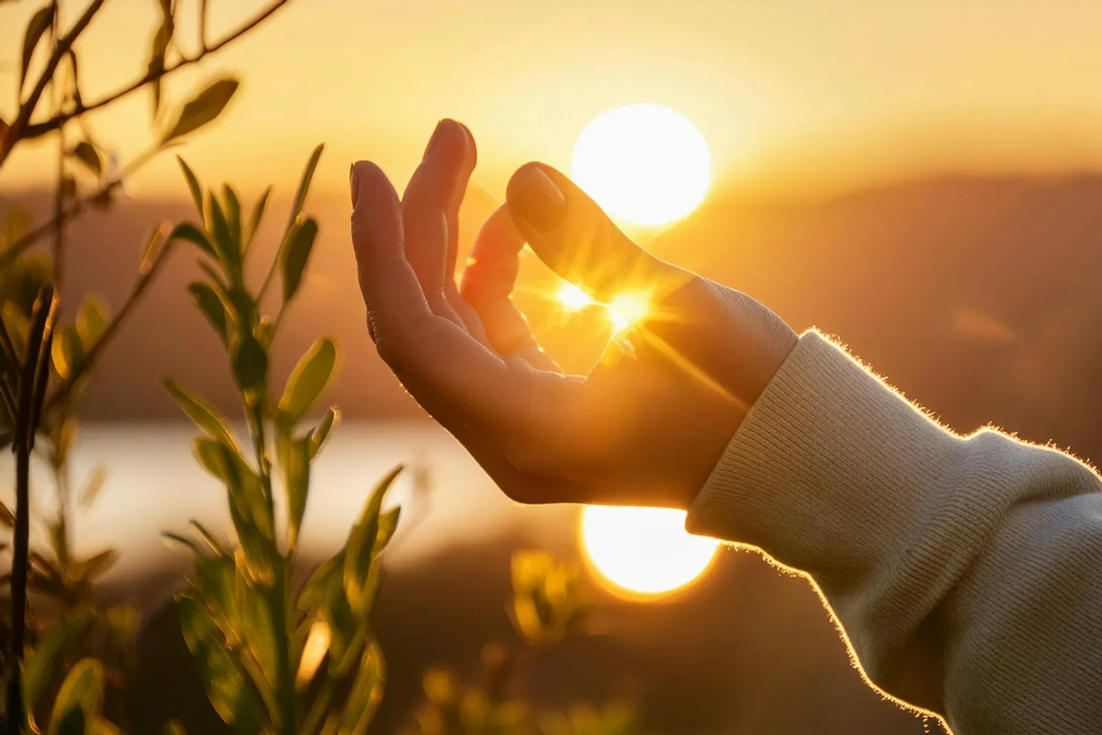 Een hand vormt een cirkel rond de laagstaande zon boven het water, in warm avondlicht